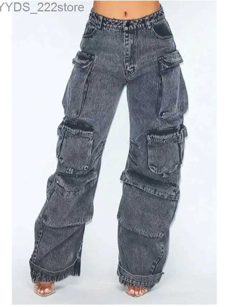 Jeans féminins couleurs solides multi-poche jeans lâches pour femmes street rétro hip-hop large jambe de jambe décontractée jeans à taille droite décontractée pour les femmes yq240423