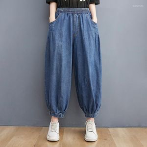 Jeans femme couleur unie Vintage été mode femme taille élastique Baggy Denim pantalon Style japonais cheville longueur Harem pantalon