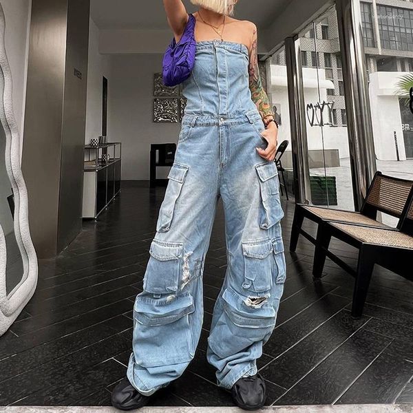 Jeans para mujeres Jopín de personalidad sólida 2023 Fashion Street Style Bra Winist Down Figura que muestra Pantalones de carga de mezclilla de bolsillo múltiple