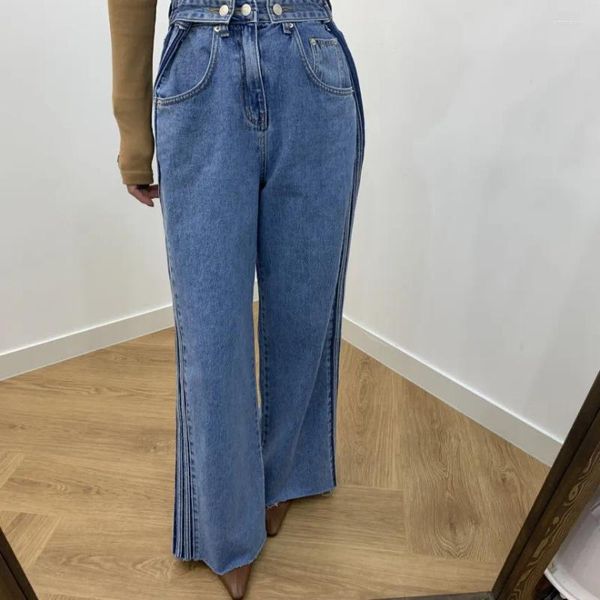 Jeans de mujer Corea del Sur Chic Otoño Nicho francés Cintura alta Hebilla delgada Barra deportiva Diseño Sentido de pierna ancha Casual