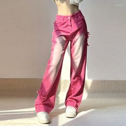Damesjeans Spicy Girls 'lage taille gradiënt halo kleurstof patch rechte tube losse dames casual broek in de herfst en winter van 2023