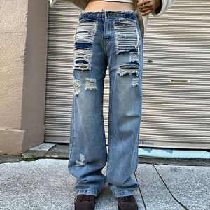 Jeans pour femmes filles épicées Street Shoot mode trou cassé bord rugueux taille basse ample droite femmes 2023 été