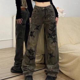 Jeans pour Femmes Éclaboussé Crâne Patch Cuir Brodé Américain Rétro Mode Taille Haute Pantalon Large Style Harajuku Pantalon Hip Hop