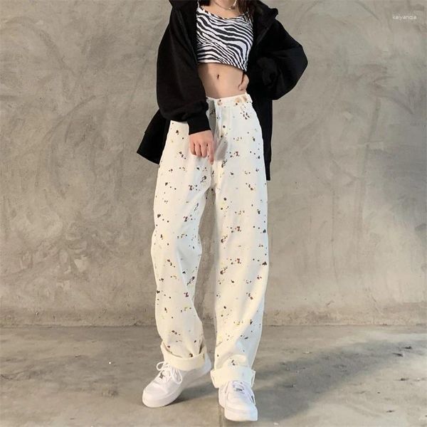 Pantalones vaqueros de mujer con diseño de salpicaduras, pantalones neutros de cintura alta teñidos con lazo blanco, pantalones vaqueros Retro holgados para mujer