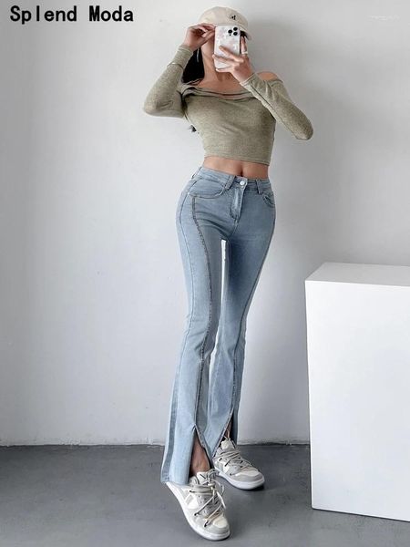 Jeans féminins splalenge moda femmes fashion girl pâte de pâte de forage en denim droit de jambe de rue Street Street Zipper Slit chic pantalon