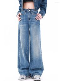 Les jeans féminins épissent droite large jambe bleu pantalon denim de rue rue American Bottoms Casual Cased Taie Feme High Taille mince