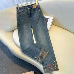 Jeans pour femmes épisser la pipe printemps automne 2024 mode pantalon de style national de neuf points chinois droit