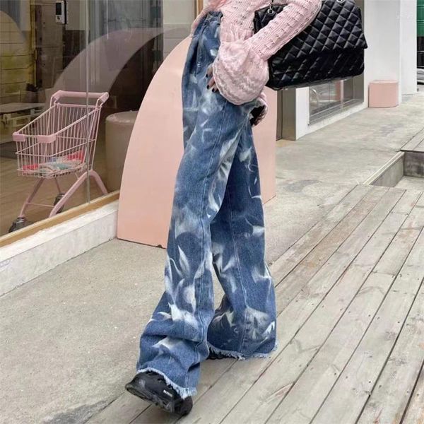 Jeans pour femmes printemps 2023 tendances mode coréenne cravate teint denim pantalon à jambes larges coton vintage grand nom en pleine longueur
