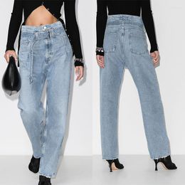Jeans femme printemps 2023 pur coton haute qualité Y2K taille à lacets ample décontracté jambe droite bleu