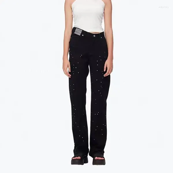 Jeans de mujer Primavera 2024 Taladro Negro Cintura alta Pantalones rectos Calidad Peplum Pierna ancha Y2K