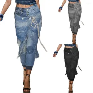 Jeans pour femmes printemps 2024 mode Euro-American Style Streetwear Femmes hautes Tauls Broken Hole Lacet-Up Vintage Pantalon de cowboy à la cheville côtelée