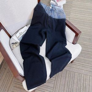 Dames jeans lente 2024 mode recht patchwork hoge taille losse pocket contrast kleur denim lange broek