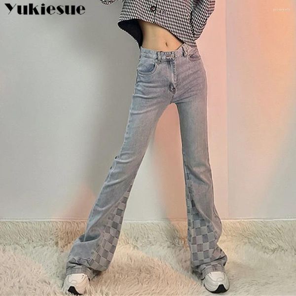 Jeans pour femmes printemps 2024 Femme à plaid patchwork hauteur hauteur flare femme baggy denim capris pantalon jean maman pantalon