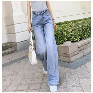 Jeans pour femmes printemps et automne bleu clair taille haute lâche minceur droit extensible barre de glace pantalon large