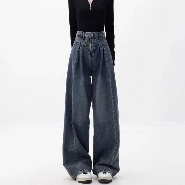 Jeans pour femmes Printemps et automne mode coréenne vêtements de rue taille haute poche jean femmes droite robe mince complet correspondant pantalon large Jeans pour femmes 230407