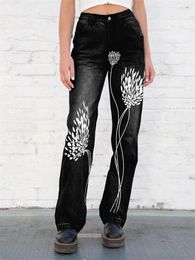 Jeans para mujeres Primavera y otoño Lotus Root Impresión Retro Arte Retro Tamaño simple
