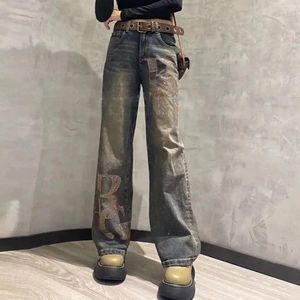 Jean femme printemps automne rétro ample droit Denim pantalon 2024 taille haute mode lettre strass pantalon femme