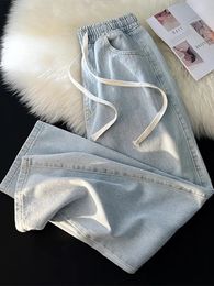 Jeans femininos primavera outono s5xl estilo preppy cintura alta cordão calças retas mulher cor sólida solta calças jeans coreano baggy 231117