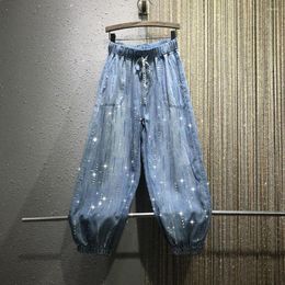 Dames jeans lente herfst herfst dunne gekleurde diamanten strass rhinestones losse elastische taille meisjes dames denim harem broek