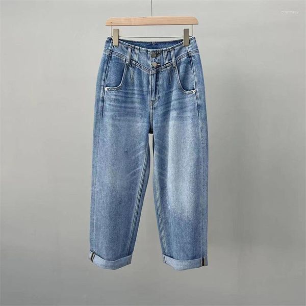 Jeans pour femmes printemps taille haute Double bouton lâche revers pantalon décontracté pantalon longueur cheville pour les femmes 5803