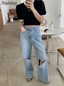 Damesjeans Spring Long Wide Leg Pant Women Hole Fashion Losse geplooide Koreaanse stijl Damesbroeken Casual High Taille Woman Pants