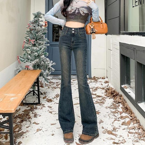 Jeans féminins Spring micro-grand-grand féminin à taille haute mince pantalon à cheval de conception de conception de conception à double bouton