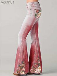 Jeans pour femmes Printemps Nouvelle Mode Jeans Dégradé Fleur Imprimé Imitation Denim Cloche Bas Femmes Taille Haute Pantalon Long Grande Taille Pantalon Femme H0908 240304