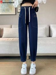 Jeans femme printemps été longueur cheville grande taille 95kg Harem taille haute bouton Denim pantalon Baggy coréen Vaqueros femme tuyau bleu 230901
