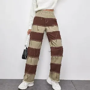 Jeans pour femmes printemps / été contrasté à rayures Patchwork Suits de pantalon à jambe droite décontractée pour le pantalon léopard des femmes