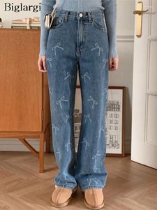 Dames jeans lente zomer hoge taille lange boog print pant pant vrouwen brede poot Koreaanse stijl losse geplooide dames broek Modis vrouw broek
