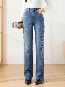 Dames jeans lente zomer hoge taille afslanken bloemen borduurwerk brede benen Koreaanse mode casual rechte denim broek