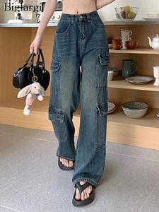 Damesjeans lente zomer lange vrachtvracht vrouwen Koreaanse stijl losse breedbeen geplooide damesbroeken Casual Fashion Woman Pants