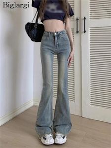 Damesjeans lente zomer lange wijd uitlopende broek vrouwen slanke retro mode hoge taille dames klokbodem broek Koreaanse stijl vrouwelijke broek