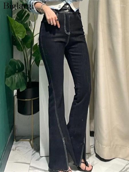 Jeans pour femmes printemps d'été long pantalon évasé les femmes divisées de la mode haute taille dames pantalon à fond de cloche pantalon de style coréen