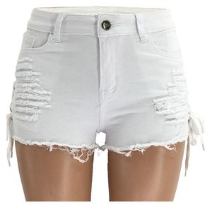 Jeans femme printemps été shorts shorts frangés perforés taille basse bandage fendu sexy hot pants 6069H7