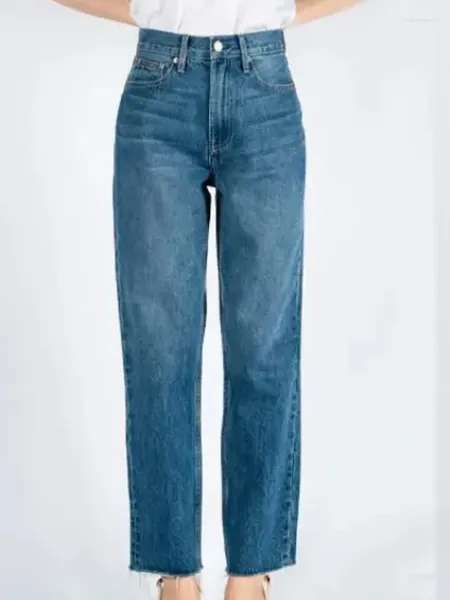 Jeans para mujer Primavera / Verano Pantalones de mujer Cintura alta Retro Lavado Azul Recto Pantorrilla Línea superior decorada