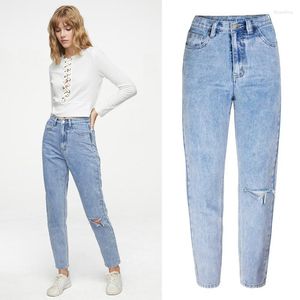 Dames jeans lente zomer vrouwen rechte been mode knie gescheurde hoge taille losse vrouw casual comfortabele blauwe denim broek