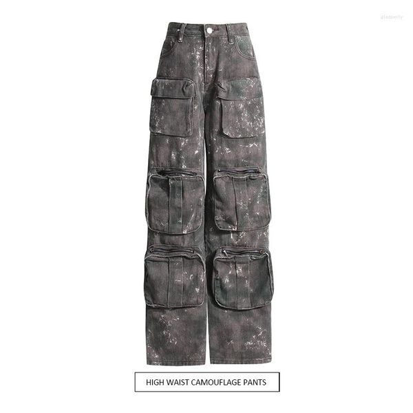 Jeans pour femmes Printemps Vintage Design Feel Pocket Wide Leg Camouflage Loose Slim Workwear Pants Wash