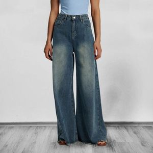 Jean femme printemps Vintage bleu clair jambe large mode Streetwear Baggy lavé Denim pantalon taille haute pantalon droit