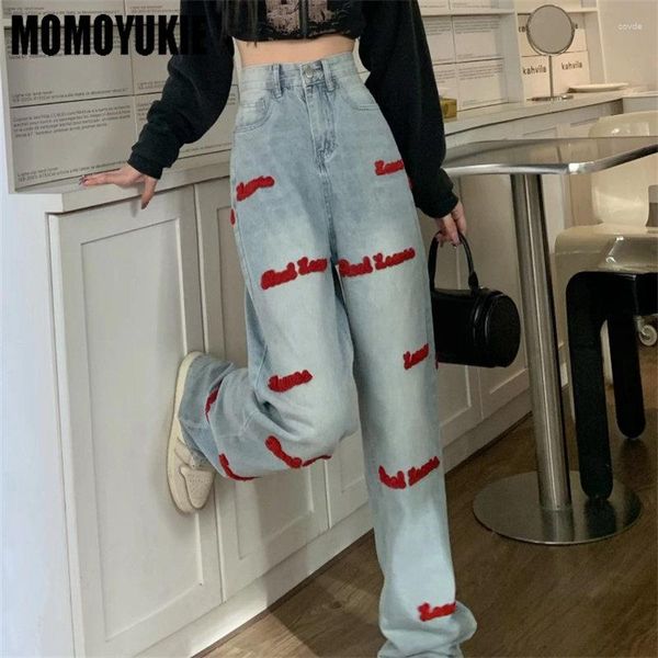 Jeans pour femmes printemps Vintage lâche anglais lettre broderie mode coréenne décontracté droite taille haute jambe large pantalon Ins Denim femmes