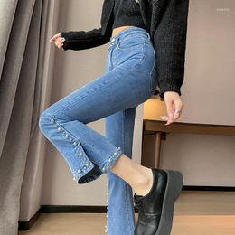 Vrouwen Jeans Lente Vrouwen 2023 Midi Denim Broek Flare Split Parels Slanke Zwarte Koreaanse Harajuku Streetwear Rekbare Cropped Broek