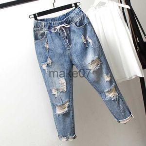 Femmes Jeans Springsummer New Korea Fashion Fashion Femmes Ripped Jeans Élastique Vintage Blue Blue Jeans décontracté denim Harem Pants S510 J230818