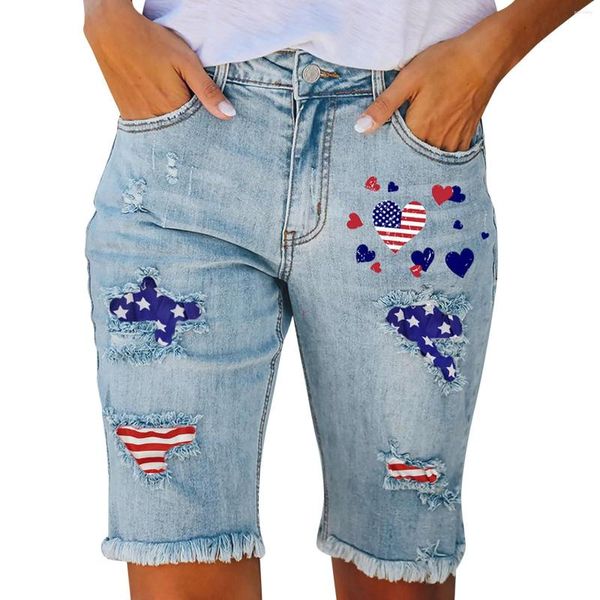 Jeans pour femmes drapeau étoile imprimé décontracté taille moyenne poche brossé déchiré Jag cordons Jean combinaisons femmes pantalons pour la taille 20