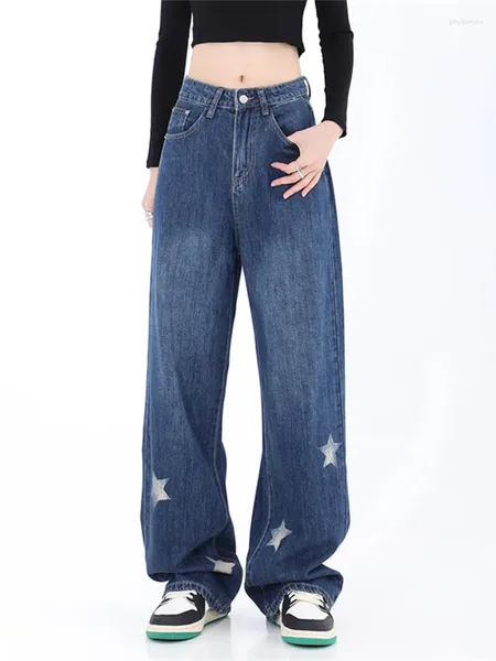 Jeans pour femmes étoiles imprimées hautes hautes taille hip hop femelle à jambe large jean pantalon dames lavé la longueur du sol rétro