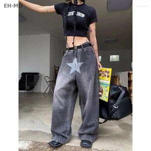 Dames jeans sterren print high taille woman street vintage gewassen oude flodderige dames katoen kleding casual wide been denim broek flare 024