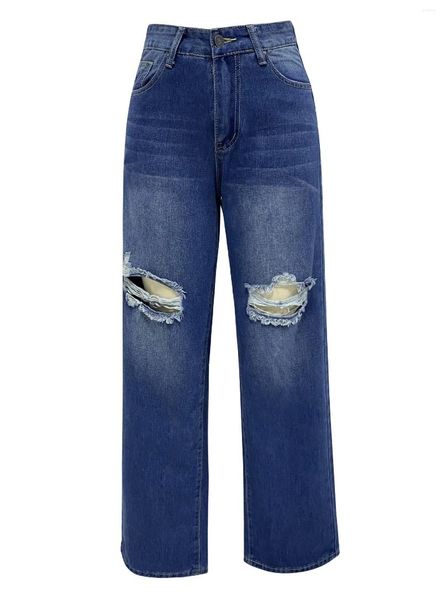 Jeans para mujer Stock 2023 Europa y Estados Unidos Pantalones rectos de pierna ancha lavados con agujeros sueltos Trapeador azul oscuro