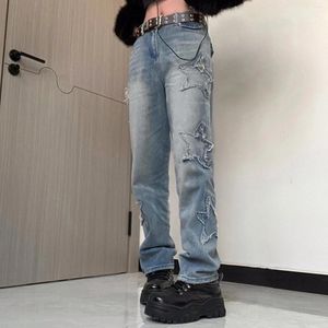 Damesjeans Straight casual broek voor vrouw gewassen veel taille veelzijdige broek Street Fashion Star Patch borduurwerk lange broek