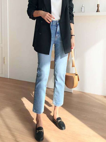 Jeans Femme Jeans droits femmes printemps mode coréenne taille haute rétro slim streetwear copain cigarette lavé denim pantalon pour fille 230308