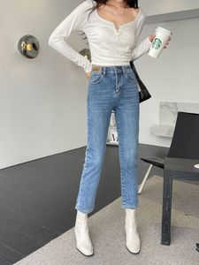 Damesjeans Straight Leg Denim Dames 2023 Autumn Koreaanse versie Medium High Tailed Elastic Slim Cropted rechte broek 230821