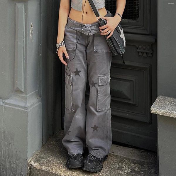 Jeans de mujer Legra recta Damas Denim retro Retro alumnos Estampado de inspección Estrella Gran bolsillo Casual para mujeres Vestidos Mujer